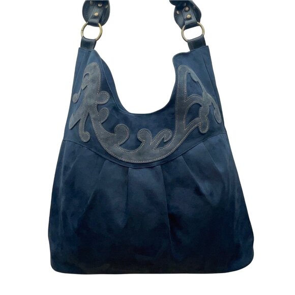 Women’s Dark Blue Faux Leather Embroidered Scroll Design Shoulder Bag - Picture 1 of 10